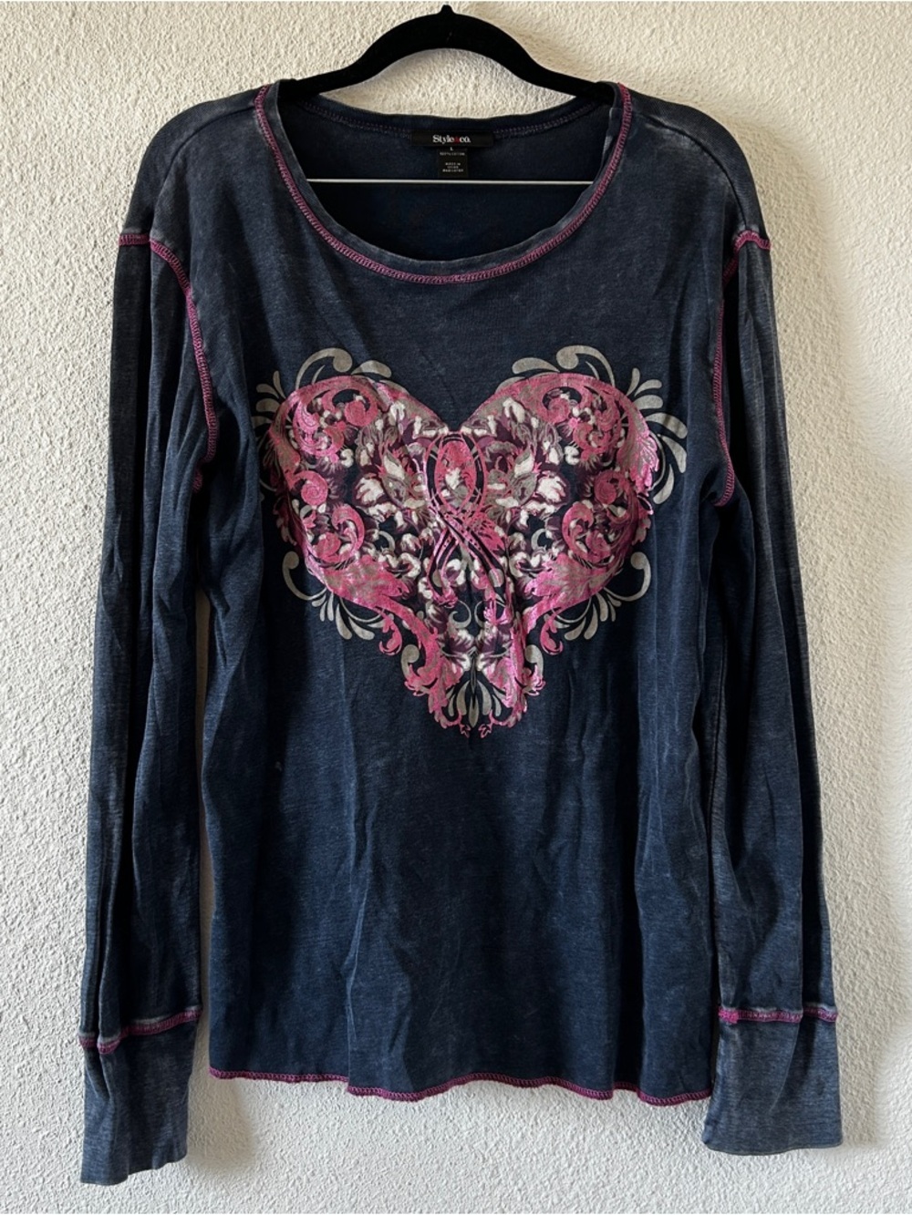 Style & Co. Graphic Heart Long Sleeve Acid Wash Casual Y2K Shirt Women’s Large